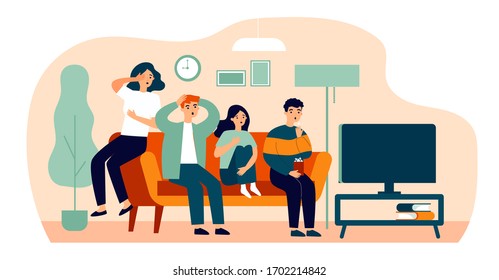 Group of friends watching scary movie flat vector illustration. Cartoon people sitting at sofa together and watching horror via TV. Friendship and leisure concept.