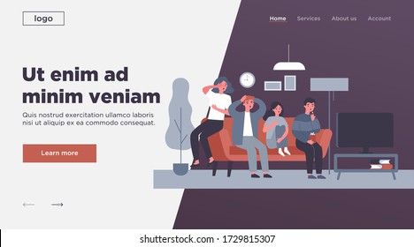 Group of friends watching scary movie flat vector illustration. Cartoon people sitting at sofa together and watching horror via TV. Friendship and leisure concept.