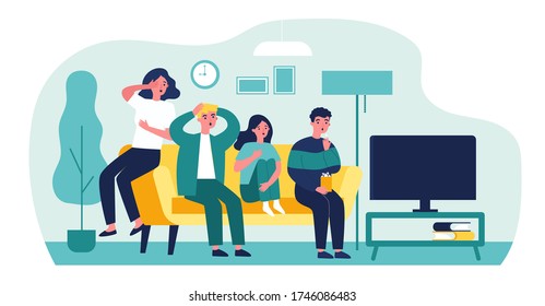 Group of friends watching scary movie flat vector illustration. Cartoon people sitting at sofa together and watching horror via TV. Friendship and leisure concept.