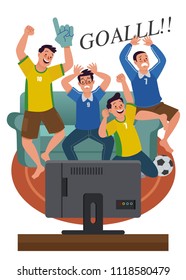 Group of friends watching soccer game on TV and celebrating victory at home. Vertical Format.