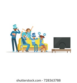 Group of friends watching sports on TV and celebrating victory at home. People dressed in blue supporting their favorite sports team vector Illustration