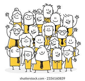 Group of friends waving hands, photos selfie. Stick figure. Doodle style. Vector illustration.