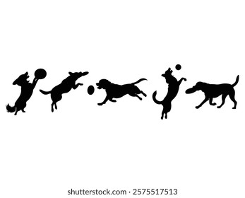 Group of Frisbee Dog Silhouette isolated white background. Vector Illustration