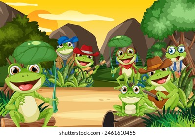 Group of frogs in a vibrant forest