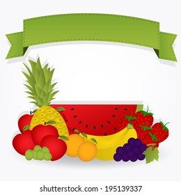 Group of fruit with a ribbon with copy space. The fruits are apple, pineapple, lemon, orange, banana, watermelon, strawberry, grape. Group of fruit with a ribbon.