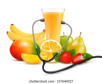 Obstgruppe und Stethoskop. Diät-Konzept. Vektorgrafik.