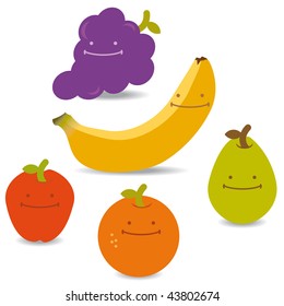 Group of fruits like an apple, bananas, orange and pear with happy faces