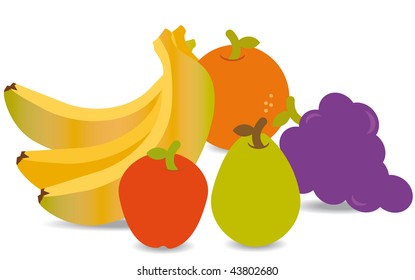 Group of fruits like an apple, bananas, orange and pear