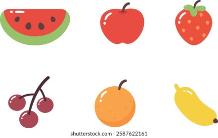 Group of fruits - watermelon, apple, strawberry, cherry, orange, and banana in cute jelly style.