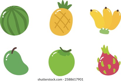 Group of fruits - watermelon, pineapple, banana, mango, coconut and dragon fruit in cute jelly style.