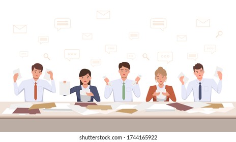 Group Of Frustrated Men And Women Team Upset Working With Document On Desk At Office In Flat Icon Design