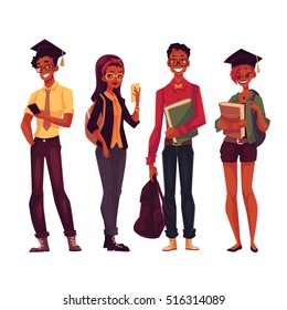 Group Of Full Height Black College, University Students With Books And Phones, Cartoon Style Illustration Isolated On White Background. Male And Female African American Students In Casual Clothes