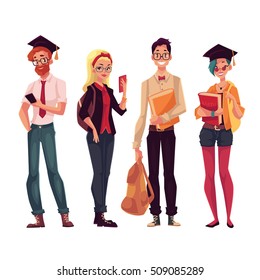 Group of full height college, university students with books and phones, cartoon style illustration isolated on white background. Male and female in casual clothes