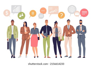Eine Gruppe von Menschen in voller Länge mit Sprachblasen. Das Konzept der Diskussion, Kommunikation, kollektives Denken, Konversation, Dialog, Teamwork. Geschäftsleute und Geschäftsfrauen. Flacher Vektor einzeln