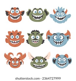 A group of funny and amusing monster faces. Cartoon style.