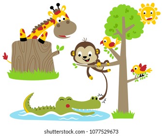 Zeichensatz von lustigen Tieren Cartoon Vektor, Giraffe, Affe, Krokodile, Vogel im Sommer