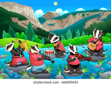 Group of funny badgers are playing music. Vector cartoon illustration
