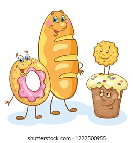 Group of funny bakery products in cartoon style. Isolated on white background. Vector illustration.
