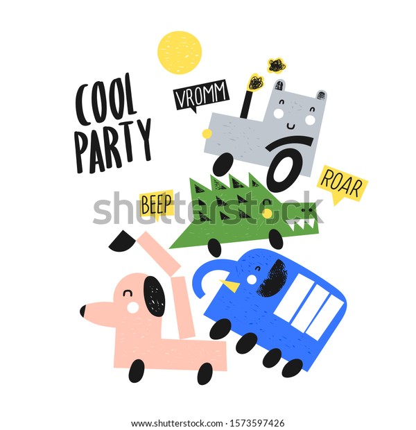 Group of funny cars in the form of animals. Bear,
dog, crocodile and elephant. Can be used for shirt design, fashion
print design, kids wear, textile design, greeting card, invitation
card.