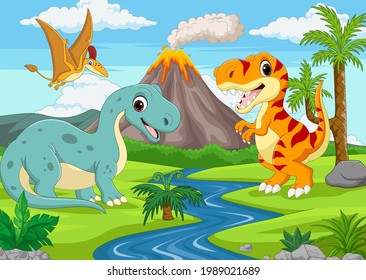 Group of funny cartoon dinosaurs in the jungle