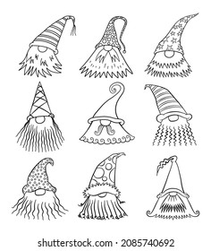 A group of funny cartoon doodle garden gnomes with big beards.
