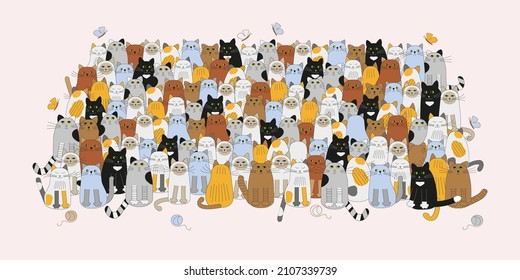 Group of funny cartoon mixed breed cats sitting in rows on light pink background. For fabric printing, shopper bag, pet shop, veterinary clinic or kindergarten.