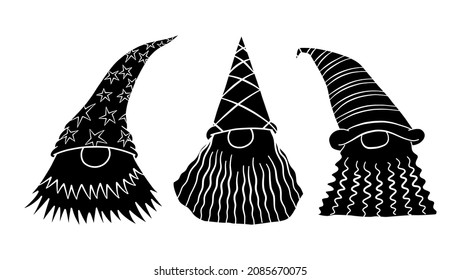 A group of funny cartoon silhouette garden gnomes with big beards.
