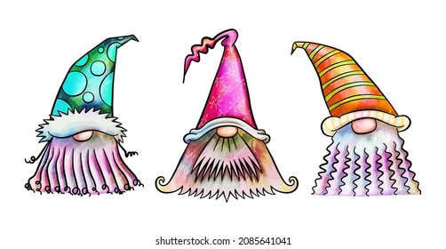 A group of funny cartoon watercolor garden gnomes with big beards.
