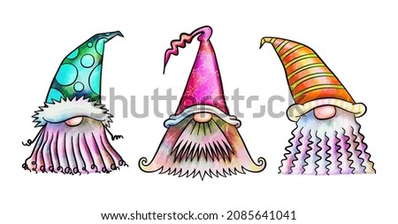 A group of funny cartoon watercolor garden gnomes with big beards.

