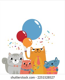 The group of funny cats for birthday card to congratulate colleagues or party invitation. Vector illustration