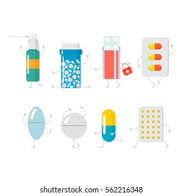 Group of funny characters drugs: spray, tablets, capsules. Flat vector illustration isolate on a white background