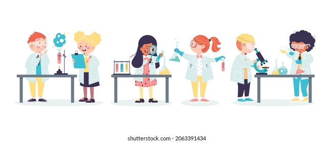 Group of funny children conducting science chemical or biological experiments, flat cartoon vector illustration isolated on white background. Kids science education.