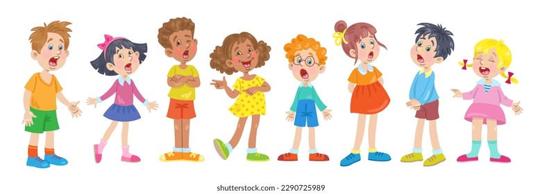 Group of funny children of different nationalities sing a song. Four little girls and four boys stand together. In cartoon style. Isolated on white background. Vector flat illustration.