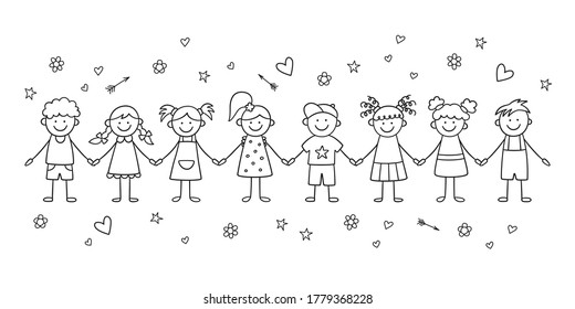 Group of funny children holding hands. Happy cute doodle kids. Isolated vector illustration in hand drawn style on white background