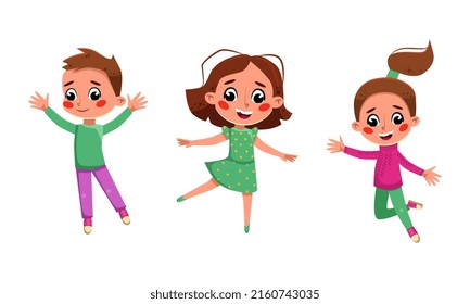 Group of funny children jumping together. Happy kids joyfully jumping cartoon vector illustration