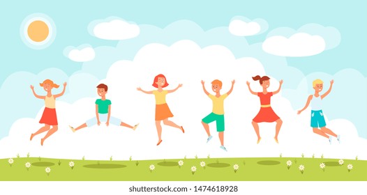 Group of funny children at school age jumping in air cartoon flat vector illustration on a cheerful summer background. Active girls and boys in concept of happy childhood.