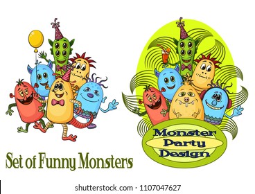 Group of Funny Colorful Cartoon Characters, Different Monsters for your Design, Isolated on White. Vector