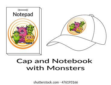 Group of Funny Colorful Cartoon Characters, Different Monsters, Elements for your Design, Prints and Banners, Presented in Sample Forms, Notebook and Cap, Isolated on White Background. Vector