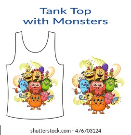 Group of Funny Colorful Cartoon Characters, Different Monsters, Elements for your Design, Prints and Banners, Presented in Sample Form, Tank Top, Isolated on White Background. Vector