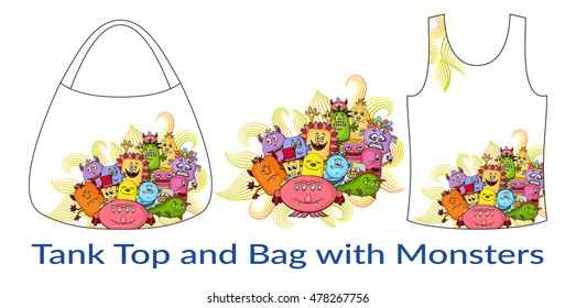 Group of Funny Colorful Cartoon Characters, Different Monsters, Elements for your Design, Prints and Banners, Presented in Sample Forms, Tank Top and Bag, Isolated on White Background. Vector