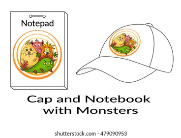 Group of Funny Colorful Cartoon Characters, Different Monsters, Elements for your Design, Prints and Banners, Presented in Sample Forms, Notebook and Cap, Isolated on White Background. Vector