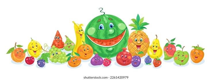 Group of funny colorful fruits. Isolated on white background. Banner in cartoon style. Vector flat illustration.
