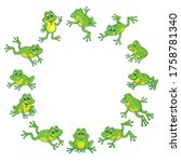 A group of funny cute frogs are jumping in a circle. In cartoon style. Round frame. Isolated on white background. Place for your text. Vector illustration. 