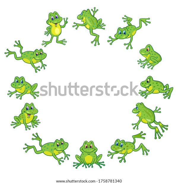 A group of funny cute frogs\
are jumping in a circle. In cartoon style. Round frame. Isolated on\
white background. Place for your text. Vector illustration.\
