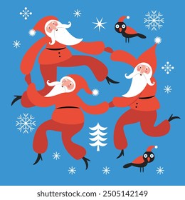 A group funny dancing Santa Clauses, Christmas Card, illustration for party invitation. Merry Christmas and Happy New Year card