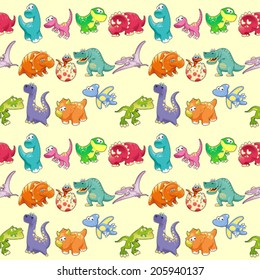 Group of funny dinosaurs with background. The sides repeat seamlessly for a possible packaging or graphic