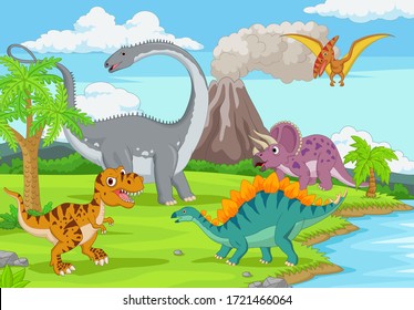 Group of funny dinosaurs in the jungle