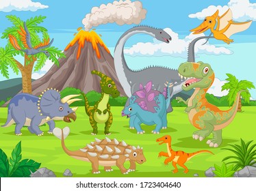 Group of funny dinosaurs in the jungle