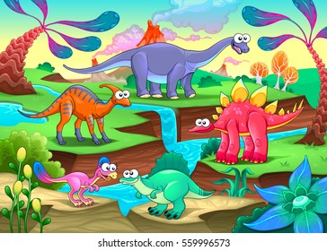 Group of funny dinosaurs in a prehistoric landscape. Cartoon vector illustration
