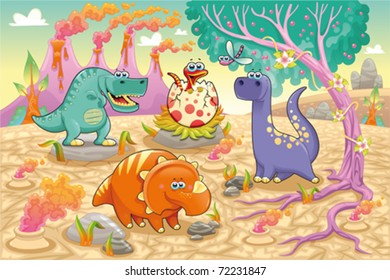 Group of funny dinosaurs in a prehistoric landscape. Cartoon and vector isolated characters on background